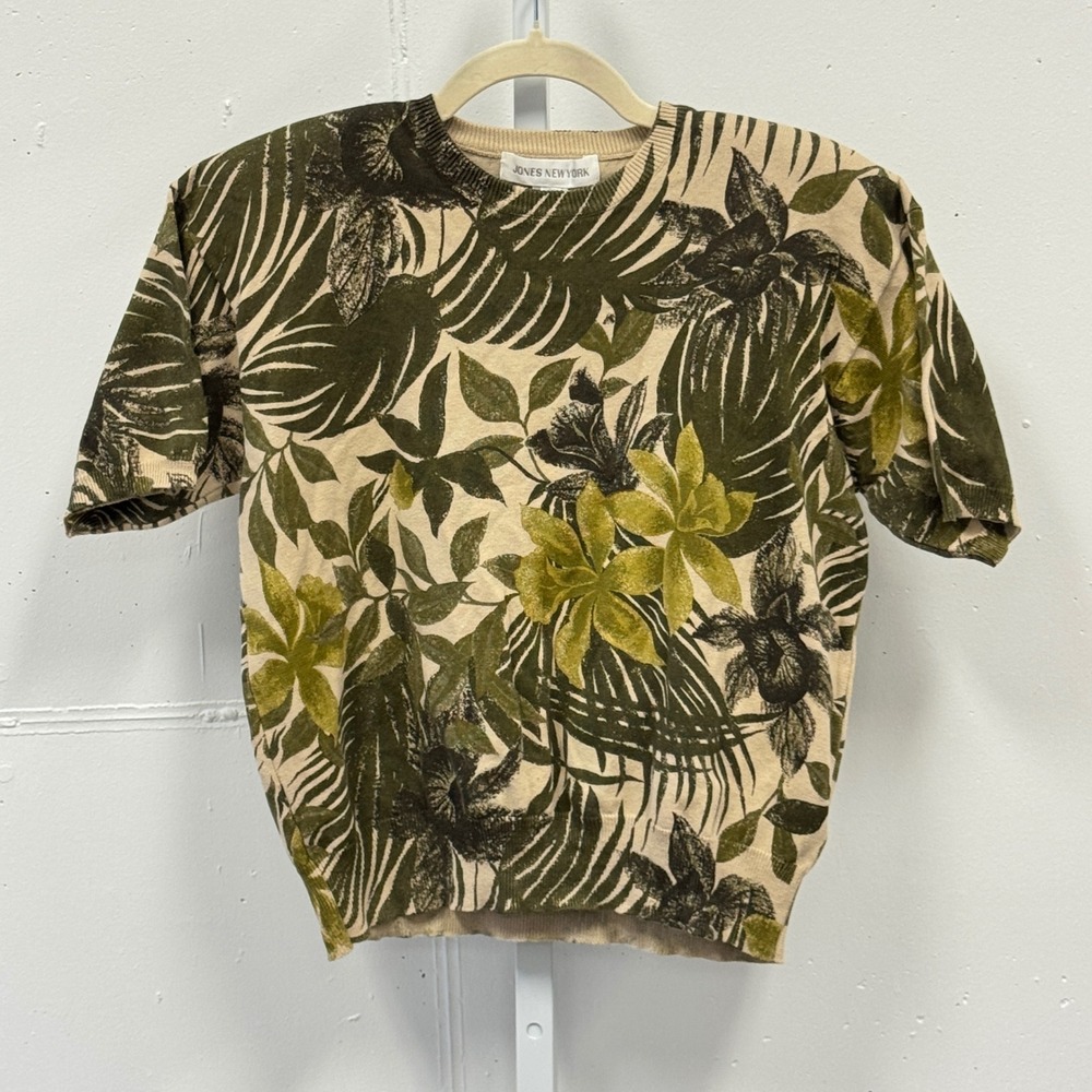 Vintage Jones New York Green Tropical Floral Palm Cotton Jersey Top Sweater Med